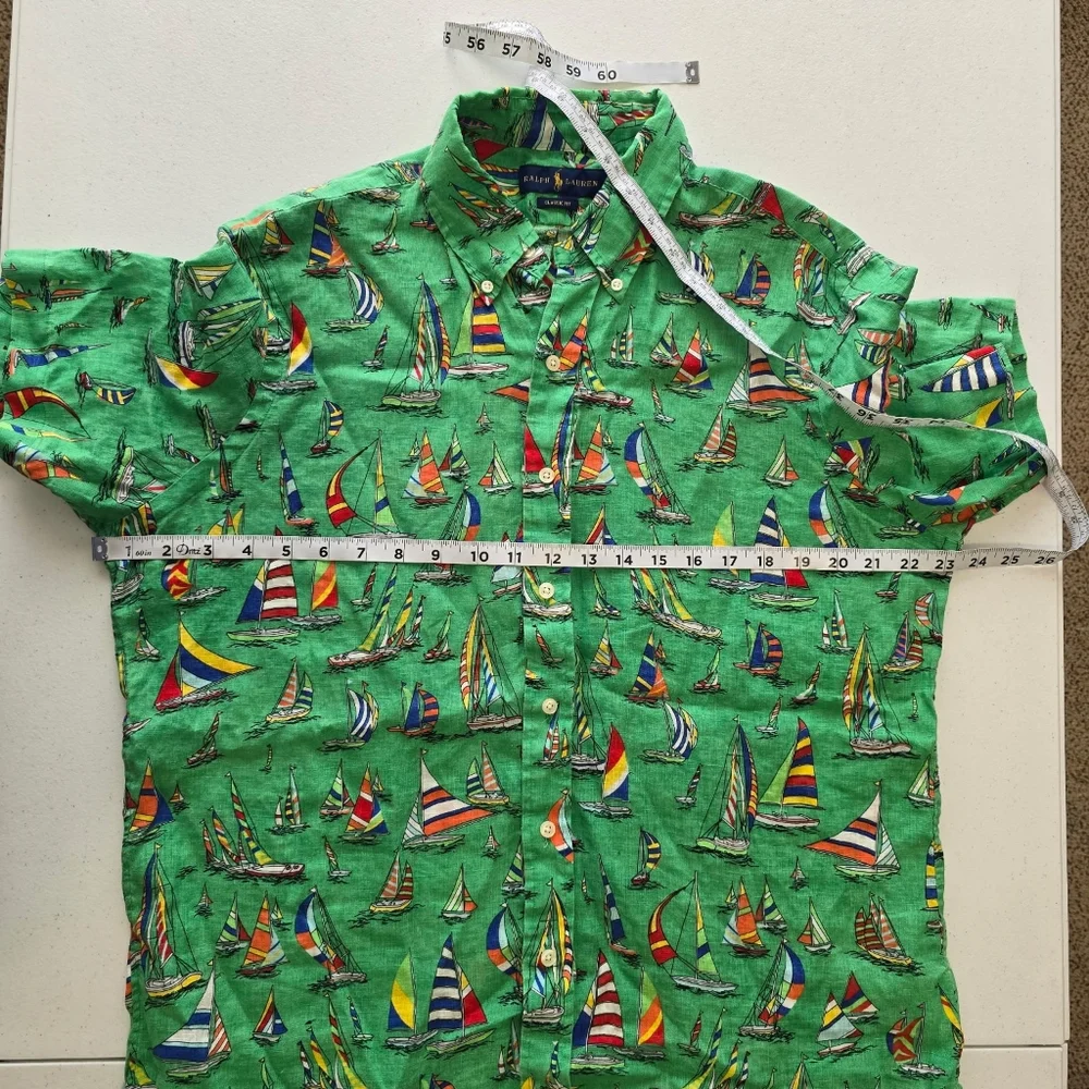 Polo Ralph Lauren 100% Linen Shirt Sailboat Regatta Men's Large Short‎ Sleeve